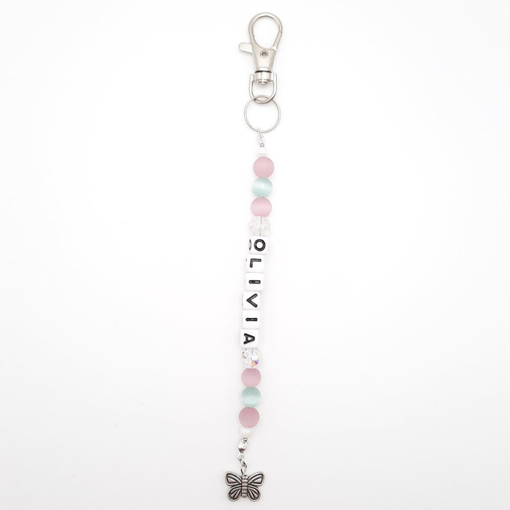 Olivia Butterfly Pink Blue Beaded Name Keychain Handmade Accessory